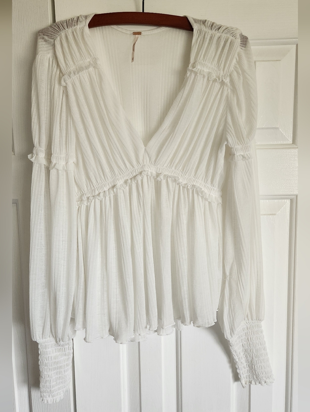Free People White Smocked V-Neck Peasant Blouse